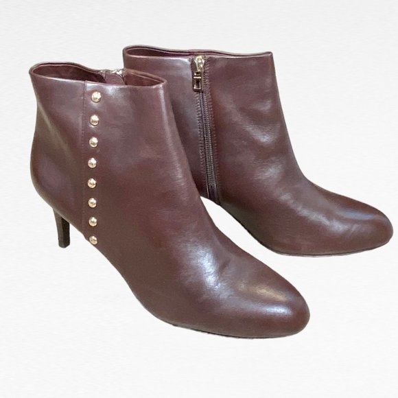Coach COMFY Ankle Booties Brown Leather Gold Stud Accents 3” Heel Sz 9.5 - Picture 2 of 10
